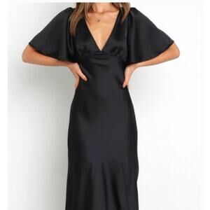 PETAL + PUP Black Satin Midi Evening Dress Flutter Sleeve V-Neck Gothic Costume